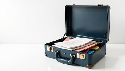 Locked briefcase, papers inside, white backdrop, unseen, secure