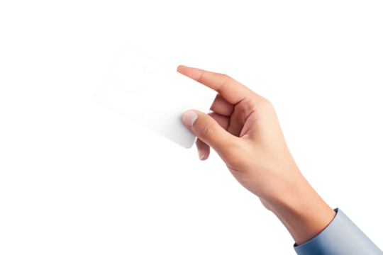 A hand holding a blank white card business card credit card gift card