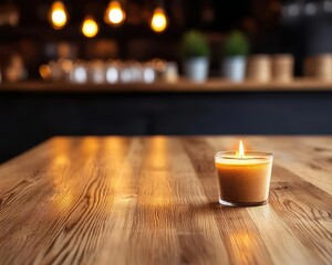 Elegant wood counter in cozy kitchen, warm ambient lighting, minimalist decor, inviting atmosphere