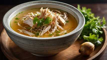 Chicken Noodle Soup Bowl with Fresh Herbs and Wooden Serving Tray