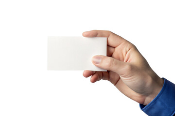 A hand holding a blank white business card against a black background