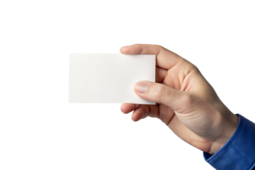A hand holding a blank white business card against a black background