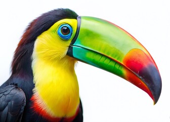 Obraz premium Vibrant Keel-billed Toucan Portrait, Isolated on White, Costa Rican Wildlife, Tropical Bird Face