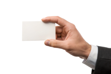 A man in a suit holds a blank white business card in his hand against a black background