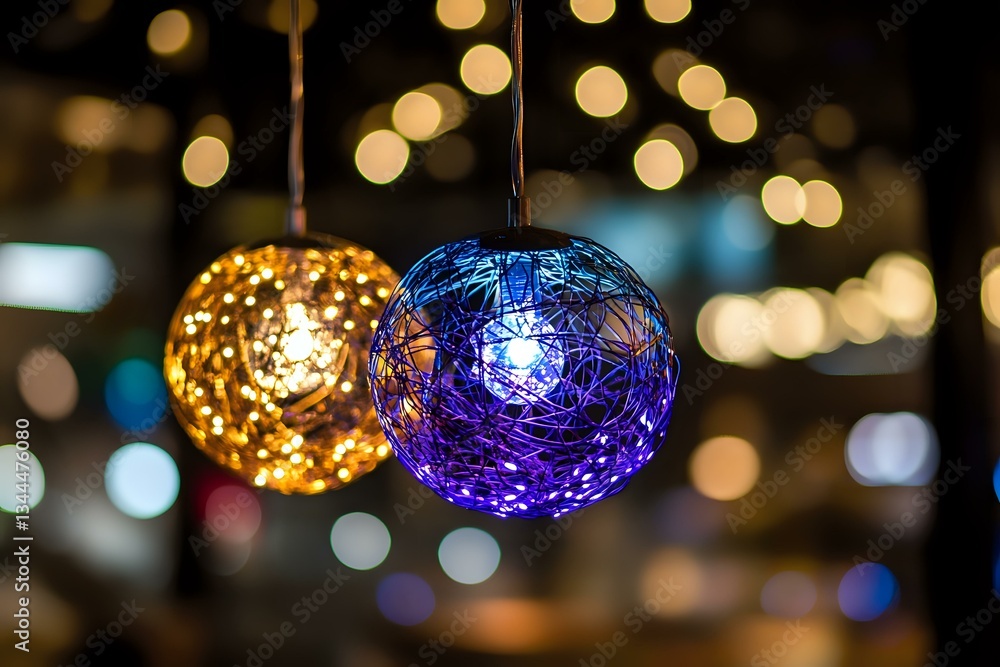 Poster glowing decorative spheres with intricate patterns in gold and blue colors hanging against blurred b