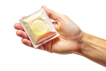 A hand holding a single condom in its individual foil package
