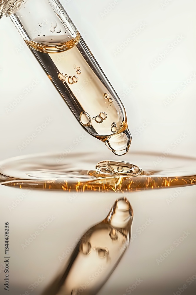 Poster macro shot of golden liquid with air bubbles dropping from glass pipette creating ripple effect on l