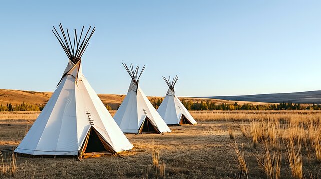 Traditional white teepees on prairie grassland at sunset, Native American dwelling structures against golden hills and blue sky, cultural heritage site in natural landscape.