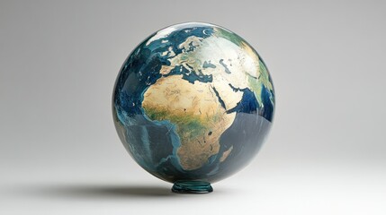 Glass globe showing Earth's continents and oceans.