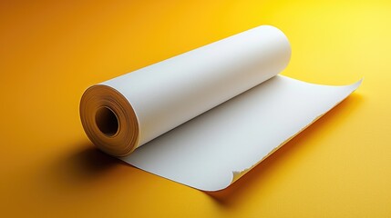 Blank white paper roll unrolling on a vibrant yellow background, showcasing texture