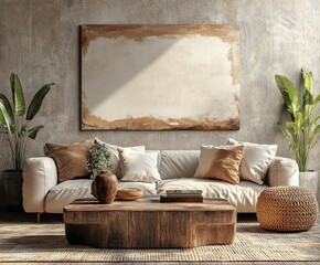 A 3d render of a blank picture frame mockup situated in a modern lounge area