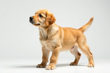 Golden Retriever puppy stands, gazing, white backdrop, canine, golden puppy