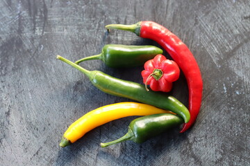 Hot chili peppers on a gray background. Spices for cooking.
