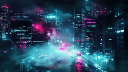 Neon City Nightscape With High Rise Buildings And Street Traffic