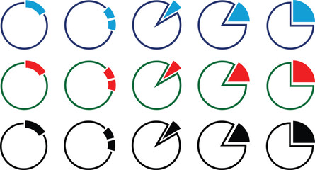 Pie Chart Vector Circle Diagram Info graphic colorful Flat Set. Pie graph, info graphic wheel segment or sections parts. 1,2,3,4,5,6 equal parts.