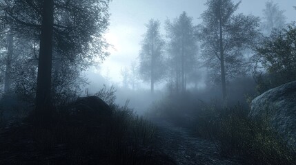 Obraz premium Mystical Foggy Forest Path with Soft Light Filtering Through Trees and a Sense of Tranquility in Nature