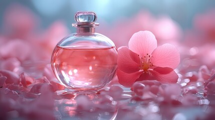 Elegant glass perfume bottle surrounded by pink petals, serene ambiance