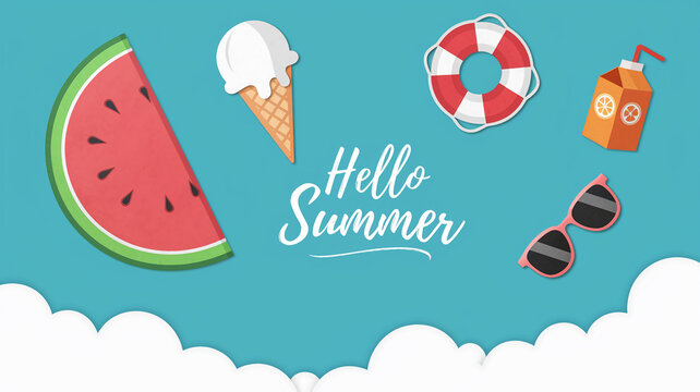 Summer themed illustration featuring watermelon slice, ice cream, lifebuoy, sunglasses and juice box against blue sky with clouds conveying cheerful and carefree summer vibe ideal for summer promotion