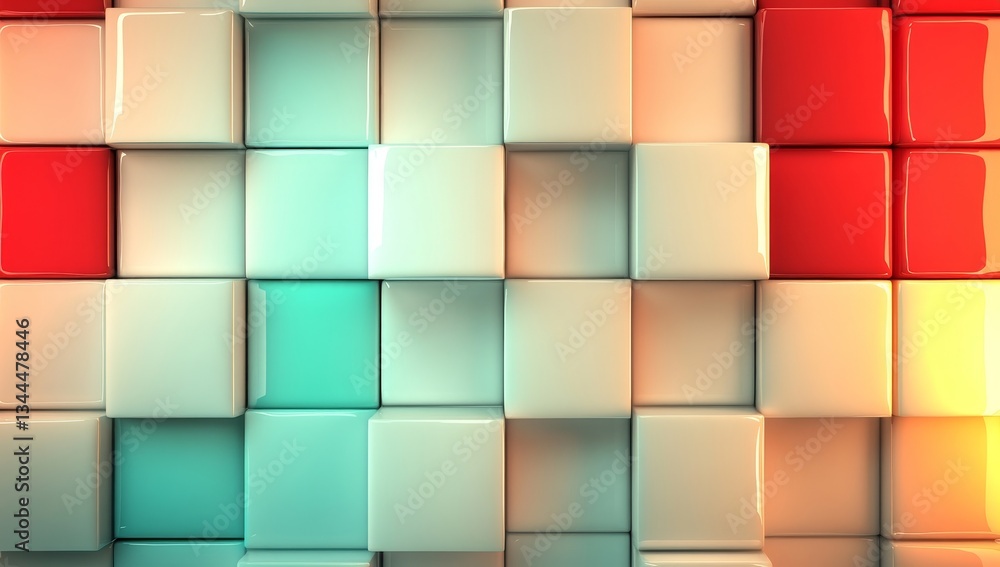 Poster the image is a 3d render that showcases an assortment of abstract geometric shapes and cubes, layere