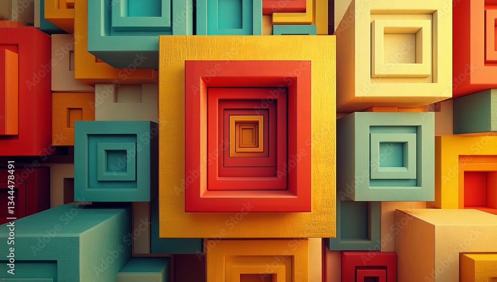 Poster the image is a 3d render that depicts an abstract pattern of geometric cubes in yellow and red color