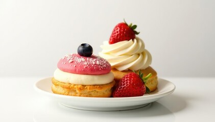 Elegant pastry arrangement, pristine white backdrop, appetizing, cream, cake