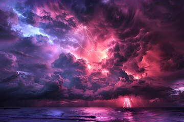 Dramatic Lightning Storm Over Ocean with Dark Clouds and Purple Sky