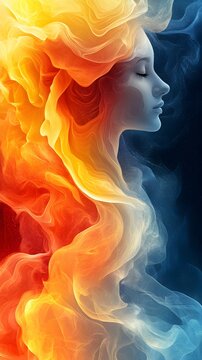 Elemental Harmony: A captivating portrait of a woman is presented in a mesmerizing fusion of warm fire tones and cool water hues, creating a vibrant spectacle of nature's elements.
