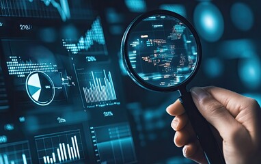 Analyzing financial data with a magnifying glass.  A hand holds a magnifying glass focusing on data visualizations displayed on a screen.  Graphs, charts, and financial information are highlighted