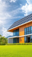 Obraz premium Modern House with Solar Panels and Lush Green Lawn Under Blue Sky