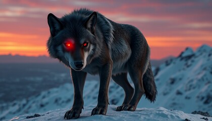 Naklejka premium German shepherd wolf in the snow sitting in a cold winter landscape