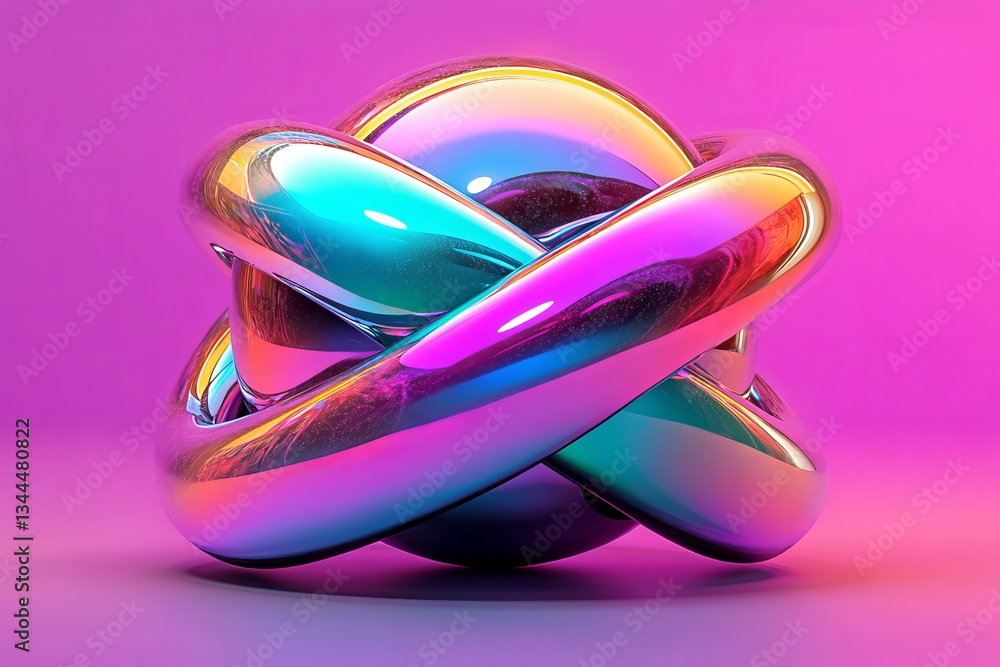 Poster three-dimensional spheres of various hues are intertwined and set against a backdrop of contrasting 