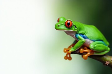 Naklejka premium Green tree frog perched on white, vibrant color, isolated, legs, nature