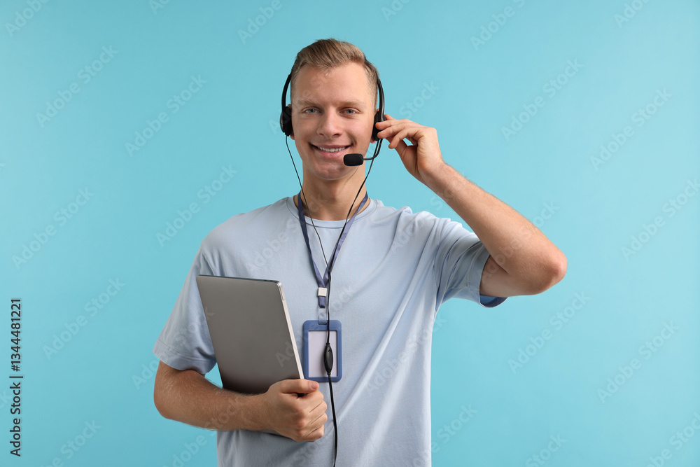 Poster technical support call center. smiling operator with laptop on light blue background