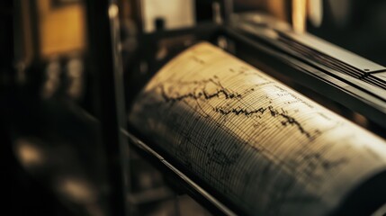 Seismograph recording earthquake activity with red waveform data