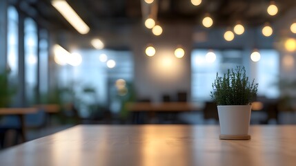 Cozy corporate office interior with warm lighting and a potted plant  long title A serene and modern corporate office interior with a wooden