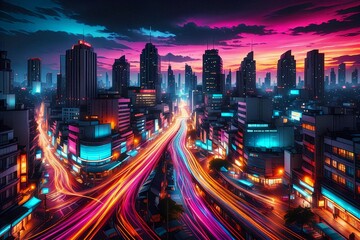Fototapeta premium Vibrant Cityscape at Night. Futuristic Urban Skyline with Colorful Light Trails