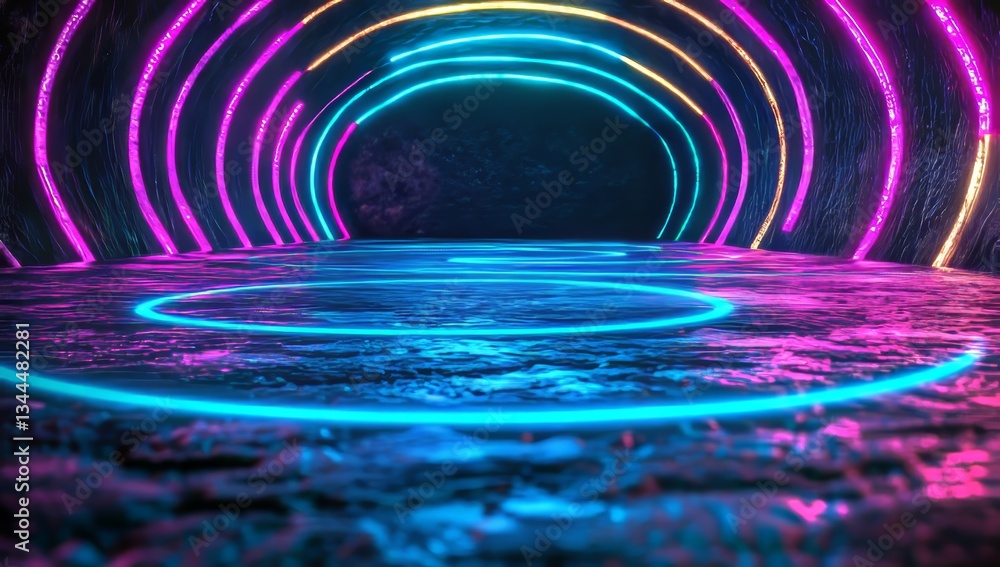 Poster glowing neon lines are arranged in a spiral pattern within this abstract 3d image
