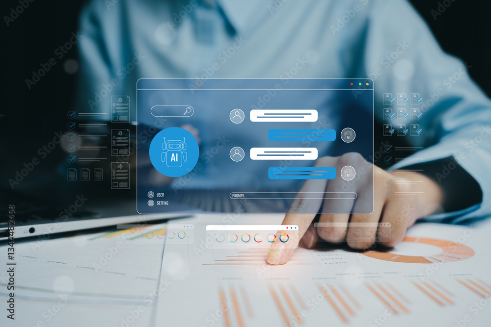Aufkleber innovative ai chat interface in modern business environment with data analytics visualization, busin