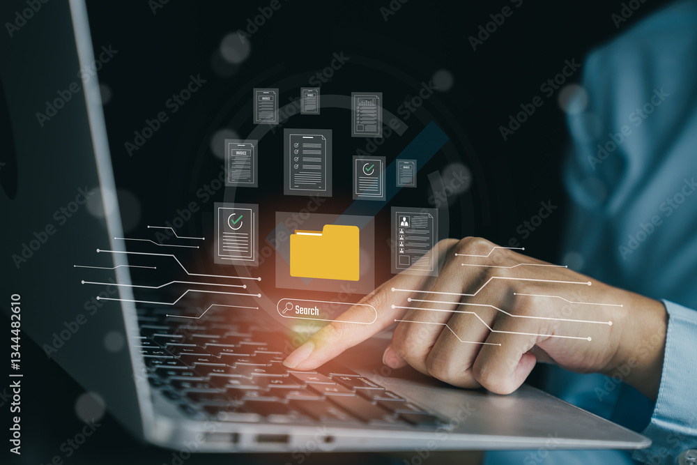 Poster modern technology and data management concept with laptop and virtual file system visualization, bus