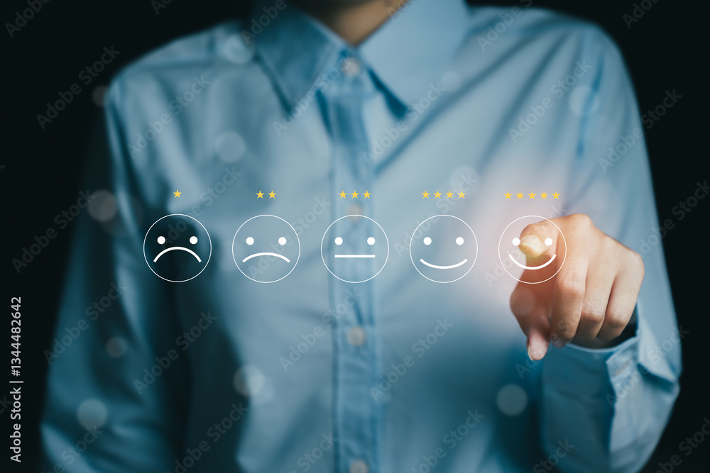 Poster businessperson rating customer satisfaction using touchscreen with emoji symbols representation, bus