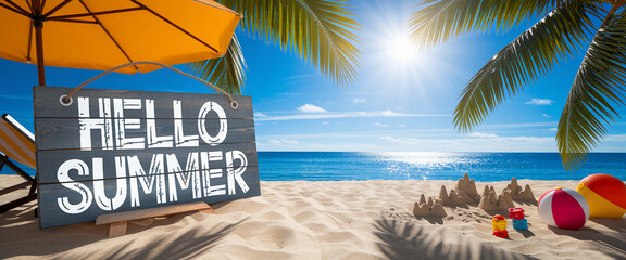 Fototapeta premium Beach scene with wooden sign saying 
