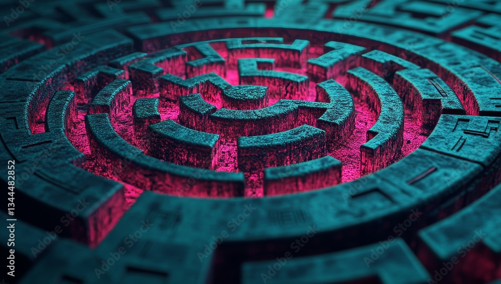 Poster the 3d render showcases an abstract maze with a predominantly red color scheme and complex geometric