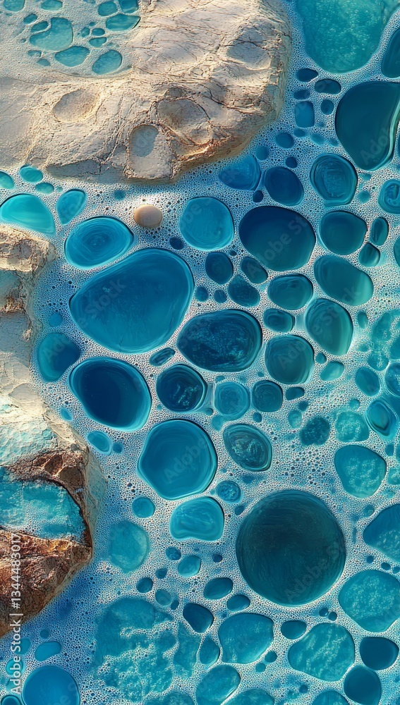Poster an intricate 3d representation of spheres in blue, floating and varying in size