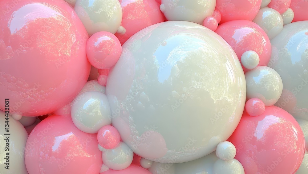 Poster the image features a smooth 3d representation of multicolored spheres in purple and pink hues with m