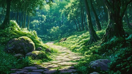 Tranquil Forest Pathway Surrounded by Lush Greenery and Natural Beauty Underneath Sunlight Filtering Through Dense Canopy