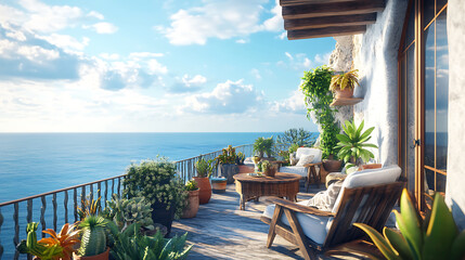 Obraz premium Relaxing Seaside Balcony with Comfortable Lounge and Beautiful Ocean View