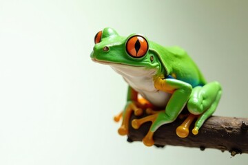 Naklejka premium Green tree frog perched on white, vibrant details, amphibian, rainforest, fauna