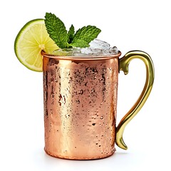 A copper mug with ice and mint leaves, garnished with a lime slice, against a white background