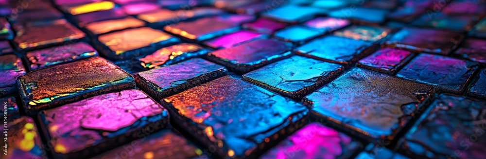 Poster the image is a 3d render of cubes with neon colors, forming an abstract geometric pattern