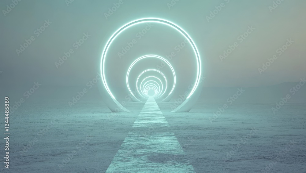 Poster geometric rings are depicted in a 3d abstract rendering with a clear sky background